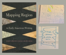 My sketches for MAPPING REGION IN EARLY AMERICAN WRITING, edited by Edward Watts, Kerri Holt, and John Funchion, show me puzzling through the concepts of writing, mapping, and region. I liked the shapes and symmetry of the sketch in the lower right corner, so I fleshed out that idea with details from historic maps and snippets of the literature discussed in the book. The black background is an old cloth book cover.